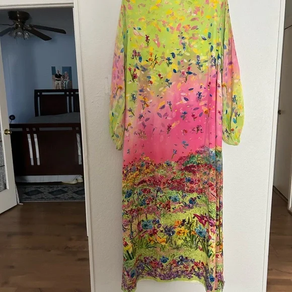 Vibrant Lime & Pink Ombre Maxi Dress,bidet and 100% silk - Picture 11 of 14